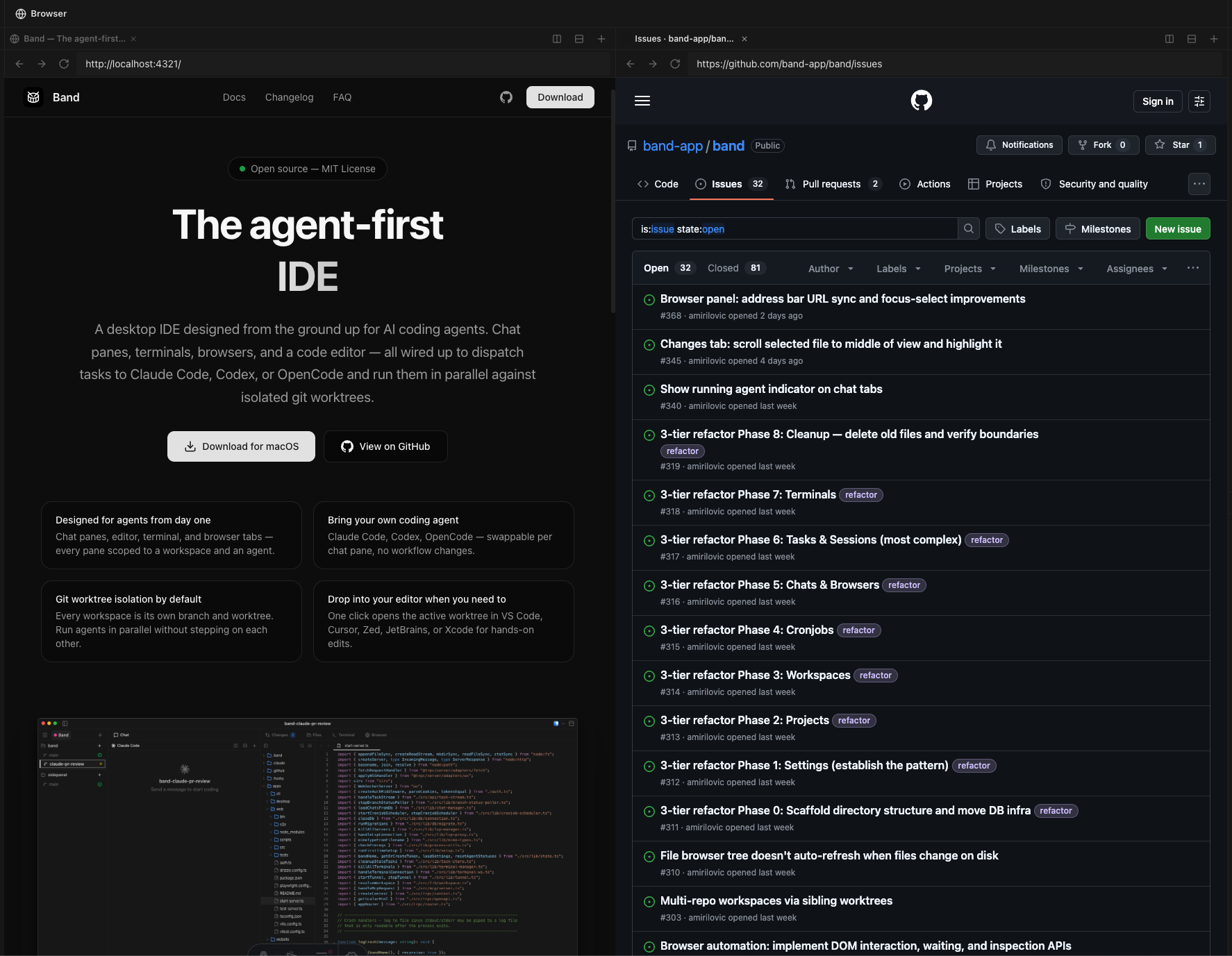 Two browser tabs open side-by-side in Band: the localhost dev server on the left showing the Band website, and the GitHub issues page for the band-app/band repo on the right.