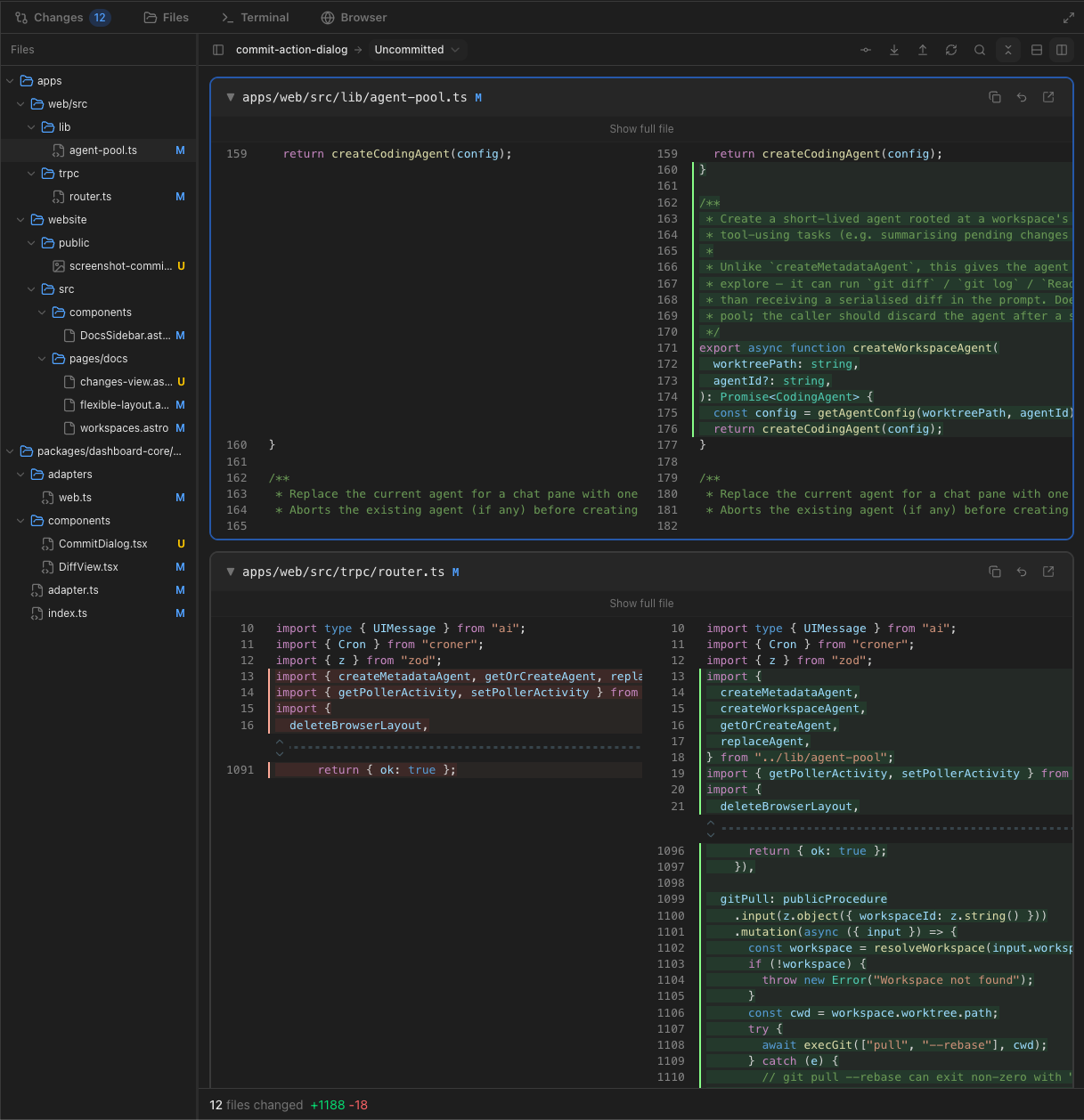 The Band Changes view in a workspace. The file tree sidebar lists the modified files on the left. The toolbar at the top of the diff pane shows the head branch and compare-target dropdown next to action icons for commit, git pull, git push, reload, find, expand all, and the unified/split view toggle. Two files are expanded below in split view, each showing old code on the left and new code on the right with green and red highlights for additions and deletions.