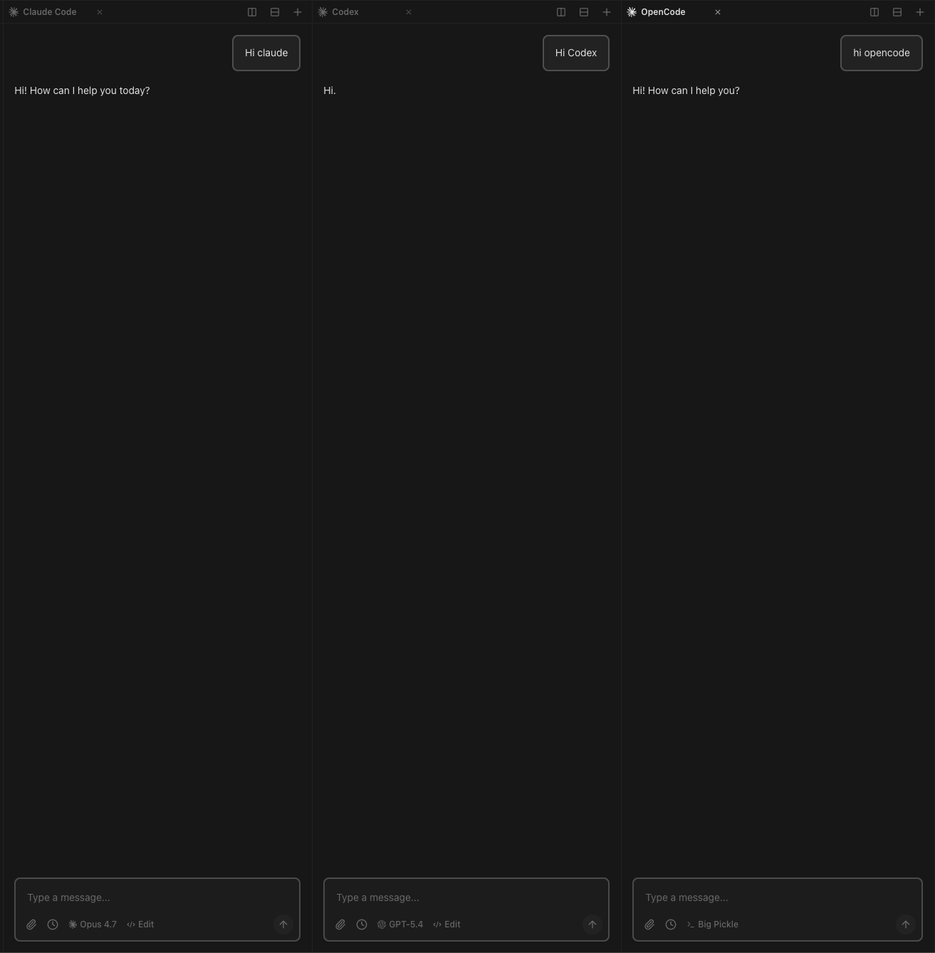 Three chat panes open side-by-side in the same Band workspace: Claude Code on Opus 4.7, Codex on GPT-5.4, and OpenCode using a Big Pickle subagent.
