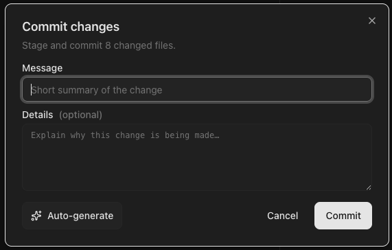 The Band commit dialog. The header reads 'Commit changes / Stage and commit 8 changed files.' Two fields are shown: a Message input ('Short summary of the change') and a Details textarea ('Explain why this change is being made…'). The footer has an Auto-generate button on the left with a sparkles icon, and Cancel and Commit buttons on the right.