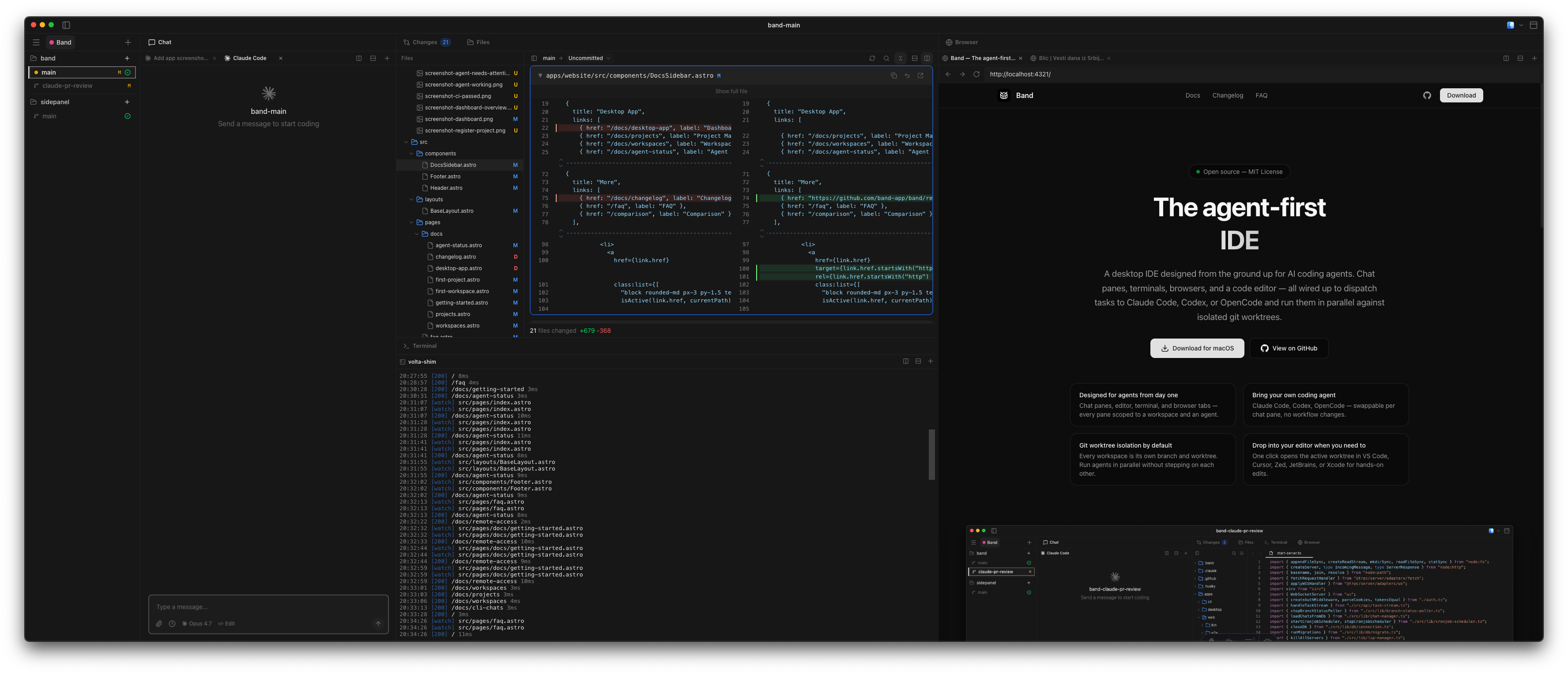 A custom Band layout with the workspace sidebar on the left, a chat pane, file tree, and code editor across the top, and a terminal and an in-app browser tab arranged underneath.