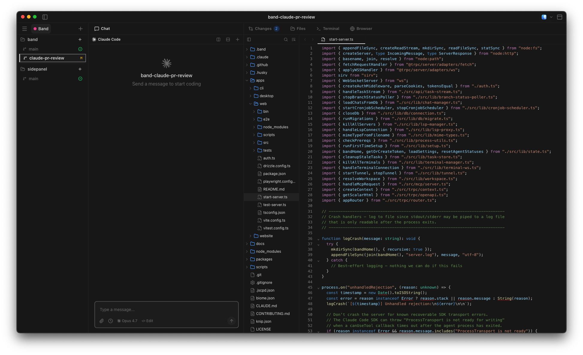 The Band desktop app: workspace sidebar on the far left, chat pane next to it, project file tree in the middle, and a code editor on the right showing the active worktree.