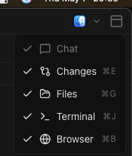 The Band panel-visibility menu showing toggles for Chat, Changes (cmd-E), Files (cmd-G), Terminal (cmd-J), and Browser (cmd-B), each with a checkmark indicating the pane is currently visible.