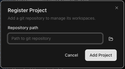 The Register Project dialog in the Band dashboard, with a Repository path field and a folder-picker icon.