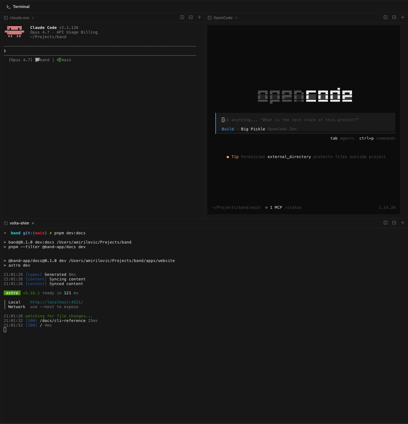 Three terminals open in a Band terminal pane: a Claude Code CLI session at top-left, an OpenCode TUI at top-right, and a pnpm/astro dev-server running the docs site across the bottom.