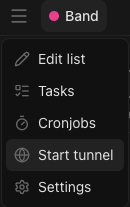 The Band desktop app's hamburger menu showing Tasks, Cronjobs, Start tunnel, and Settings options.