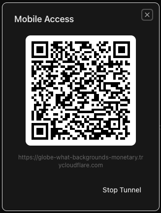 The Mobile Access panel after starting a Band tunnel: a large QR code at the top, the trycloudflare.com public URL underneath, and a Stop Tunnel button at the bottom right.